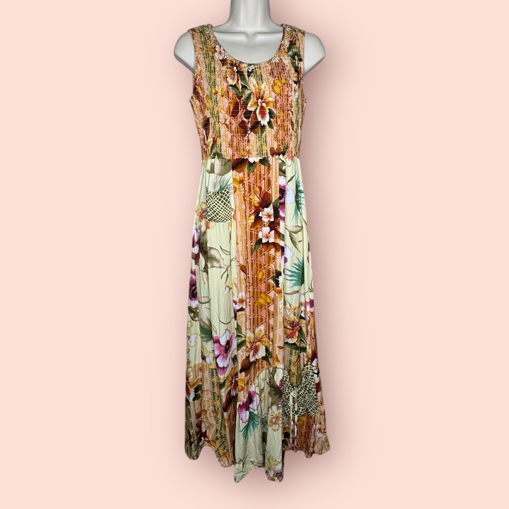 Boston Proper Maxi Mixed Media Floral Beaded Seashell Smocked Brown Dress